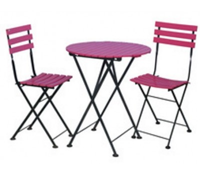 Set of 1 Round Table and 2 Folding Chairs, Acacia and Metal